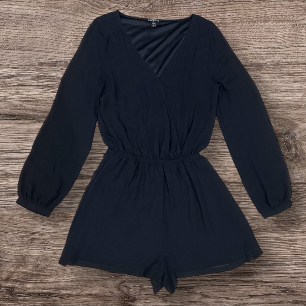 Express Black V-Neckline Elastic Waist Chiffon Romper w Sheer Long Cuff Sleeves - Picture 3 of 4